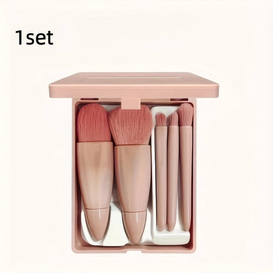 Pink 5-piece makeup brush set with soft synthetic bristles in a storage tray