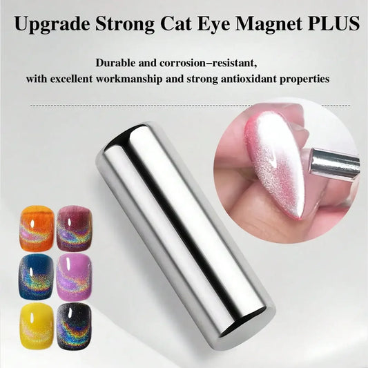Silver cylindrical cat-eye nail magnet stick with example gel cat-eye swatch on hand