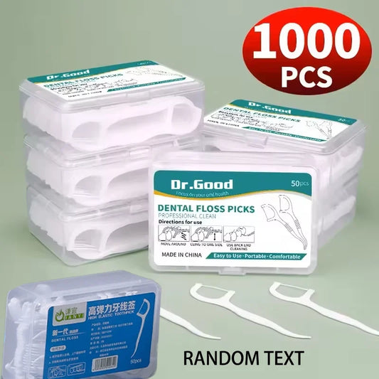 Dental floss picks in clear plastic container with 50-count label and Dr.Good branding