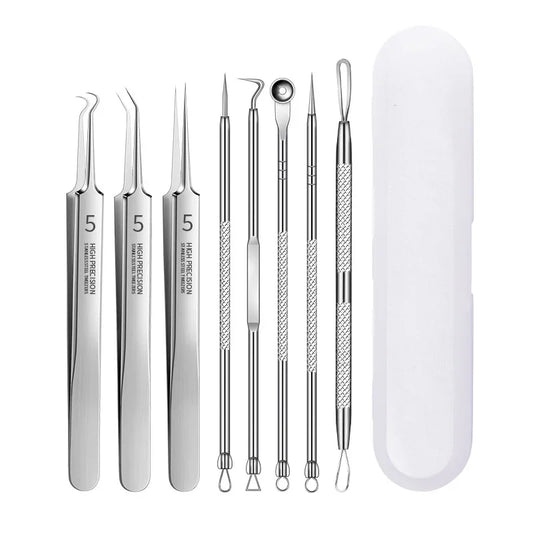 Stainless steel pimple remover tool set with multiple tips and storage case