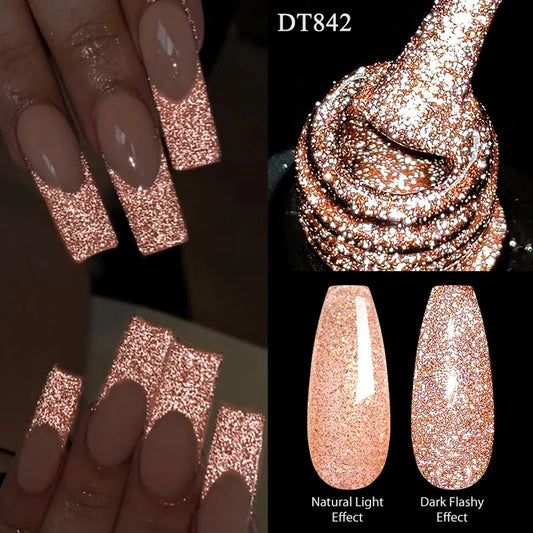 Reflective glitter nail gel polish, rose-gold glitter French tips on nude nails