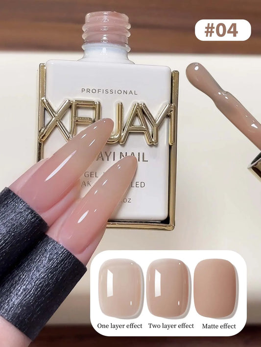 Nude pink gel nail polish bottle and manicured nails, color #04 shown on hand