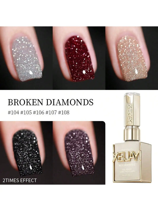 Broken diamond glitter nail gel polish set, assorted sparkle nail swatches and bottle