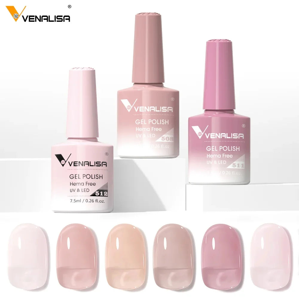Venalisa Hema free gel polish bottles with pink jelly shades and nail swatches