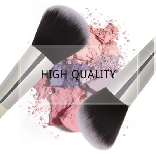 Makeup brush set with large soft black bristles, angled powder brush head