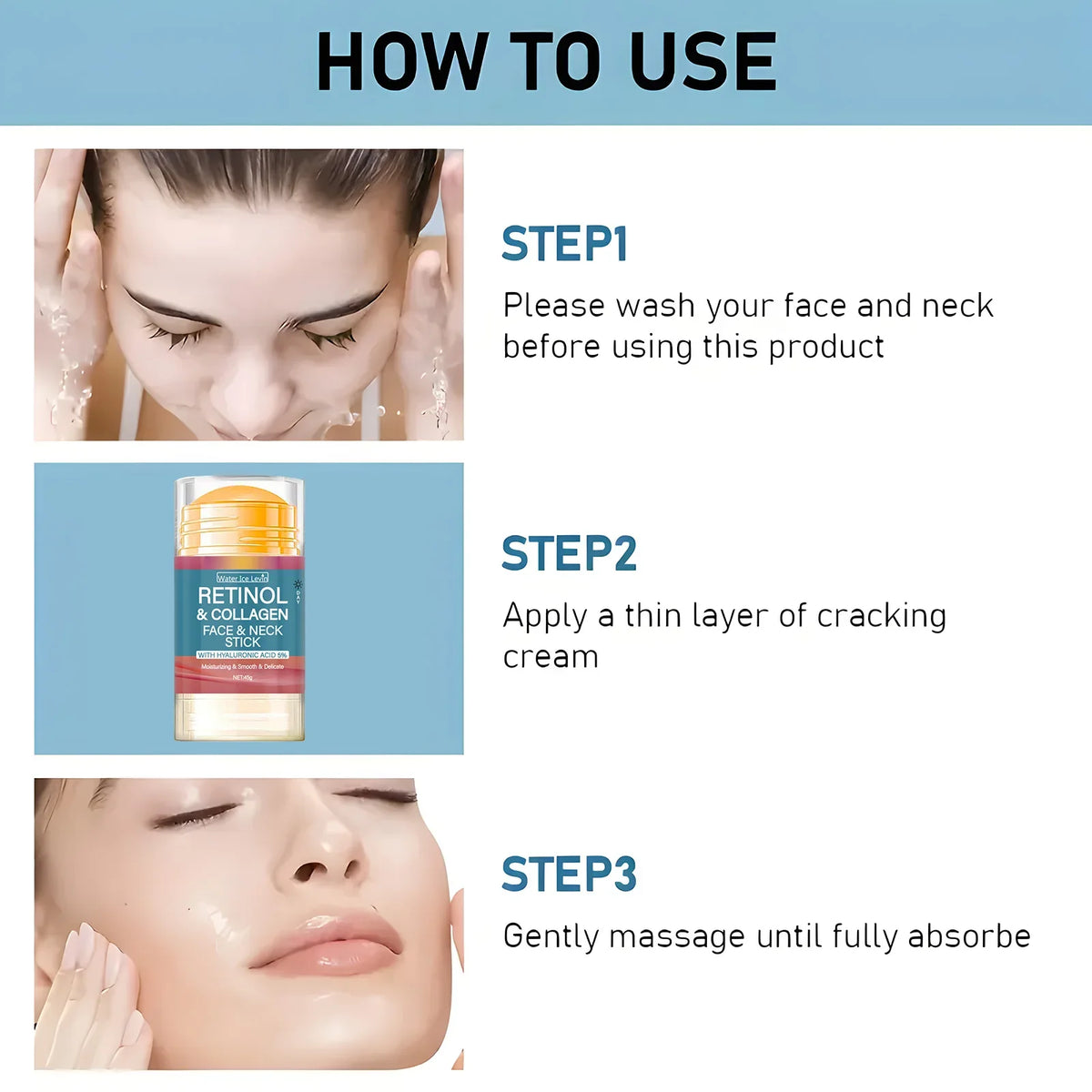 Retinol and Collagen Facial and Neck Care Stick Containing Hyaluronic Acid 5%, Moisturizing and Firming, Locking in Moisture, Day and Night Care, Portable Skin Care