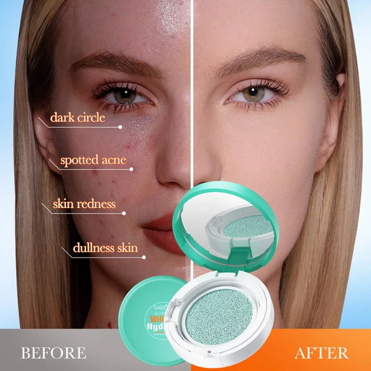Air cushion compact with teal sponge pad, open lid and ready-to-apply cushion
