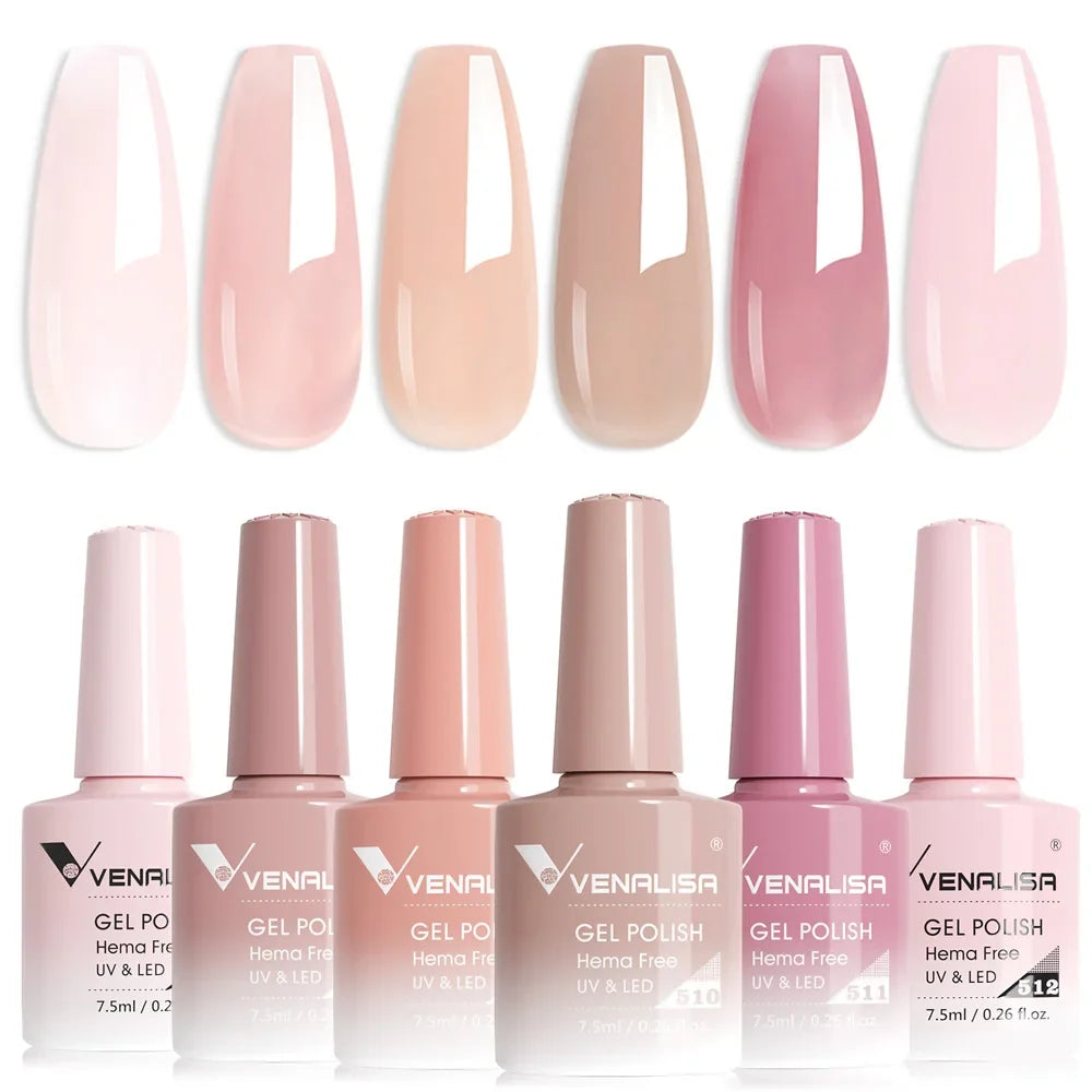 Jelly pink gel polish set with six bottles and glossy nail swatch colors