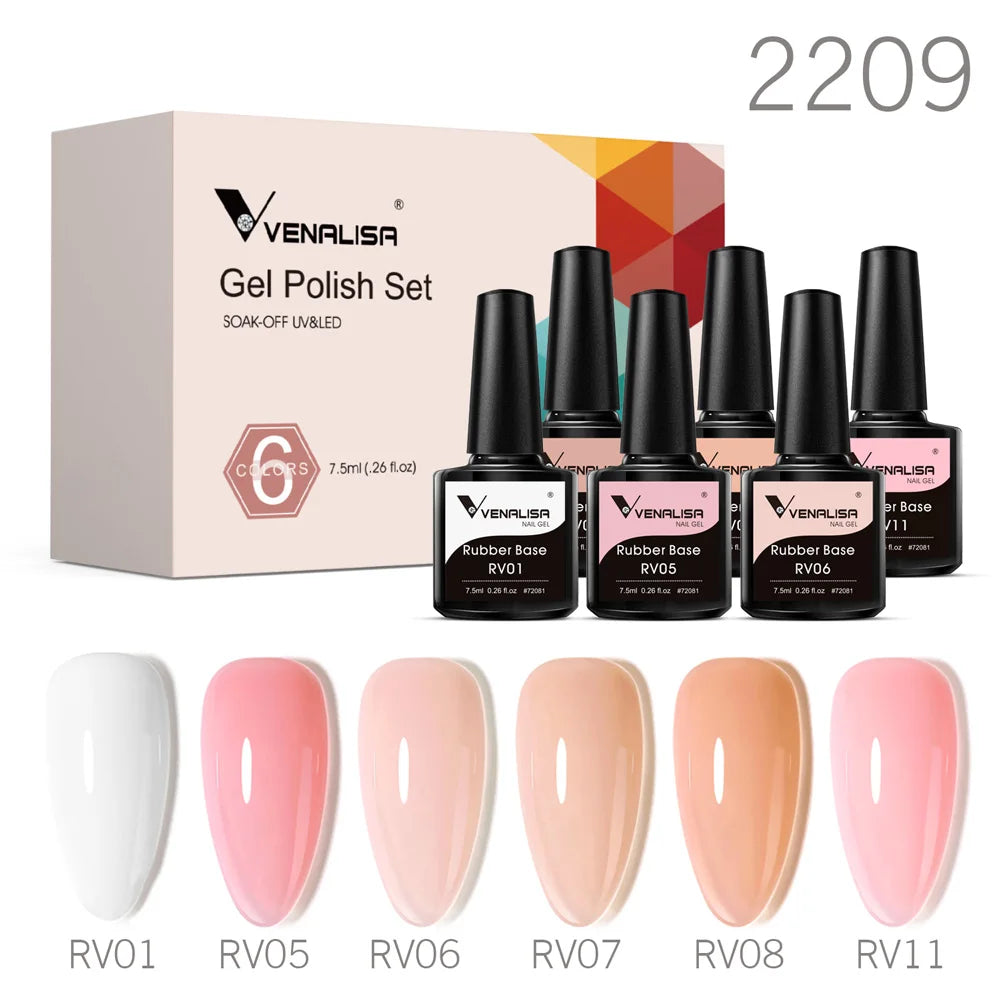 Venalisa gel polish set with nude pinks and 6 color swatches, plus rubber base bottles, 2209