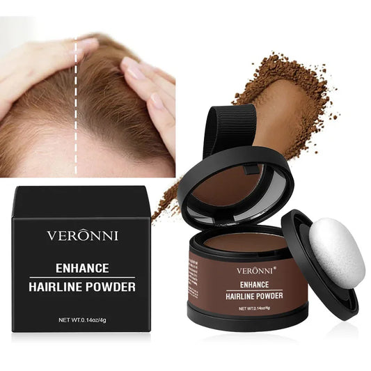 Hairline powder concealer compact with dark brown powder and sponge applicator, plus box