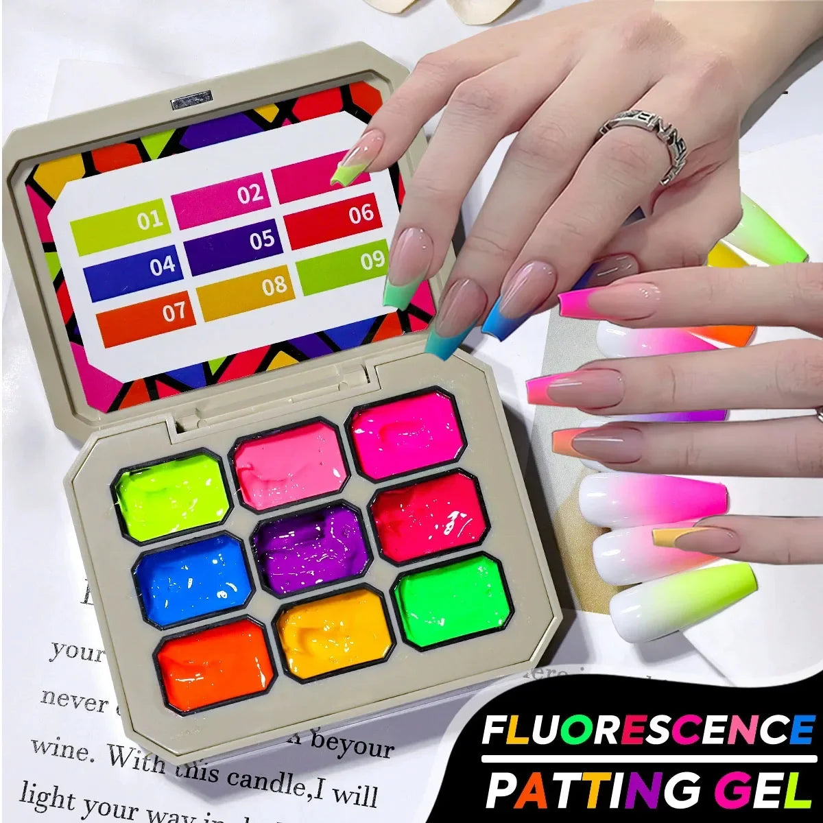 1pc Nine Grid Fluorescent Pat Gel Transfer Gel Rainbow Bright Colors High Saturation UV&LED Nail Polish Gel Salon DIY Y2K INS