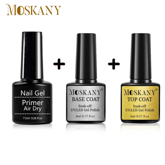 Nail gel primer, base coat, and top coat set with three UV soak-off bottles