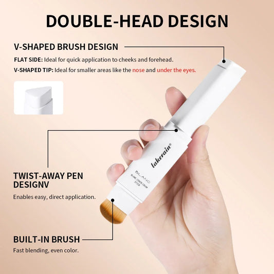 Dual-head V-shaped brush on color-changing foundation stick with twist-away pen