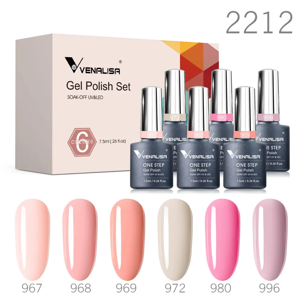 Venalisa gel polish set with soft pinks and neutrals, 6 nail swatches, code 2212