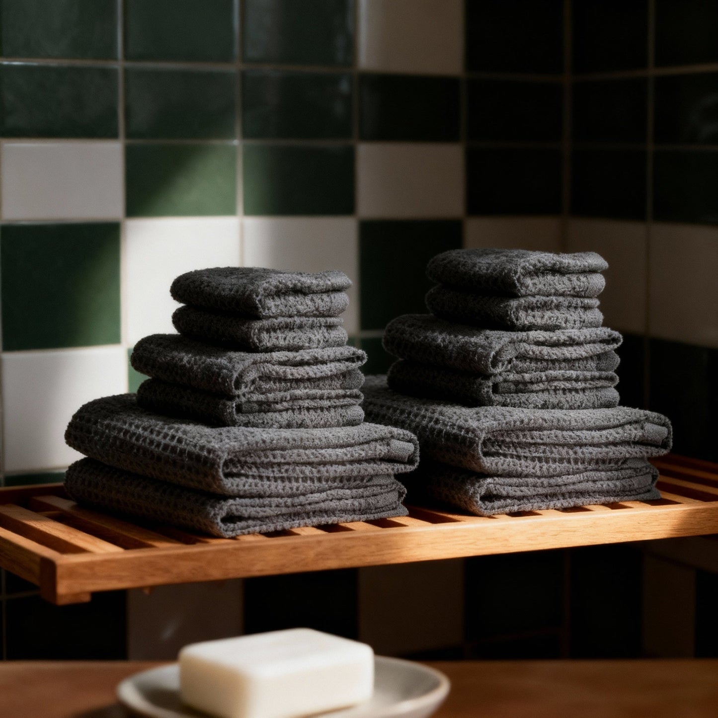Charcoal waffle weave towels stacked, folded layers with textured grid pattern