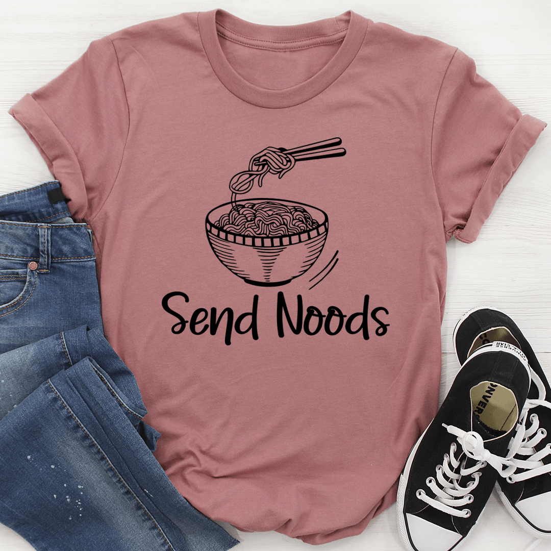 Noodle bowl graphic T-shirt in mauve with “Send Noods” text on front