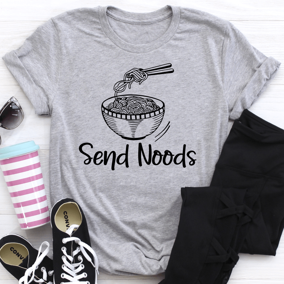 Light grey T-shirt with black ramen bowl noodle graphic and 'Send Noods' lettering