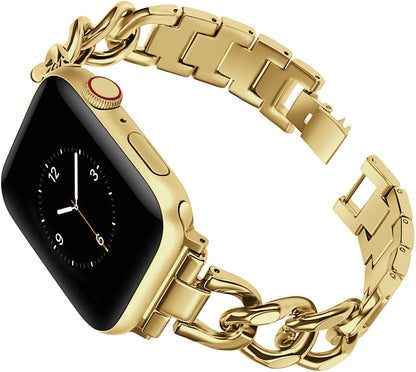 Seoaura Compatible with Apple Watch Band 41mm 40mm 38mm Stainless Steel Metal Cowboy Chain Style Replacement iWatch Series 10 9 8 7 6 5 4 3 2 1 SE Nike+ Sports Strap Wristband (41mm/40mm/38mm Gold) - Renee Lane Company