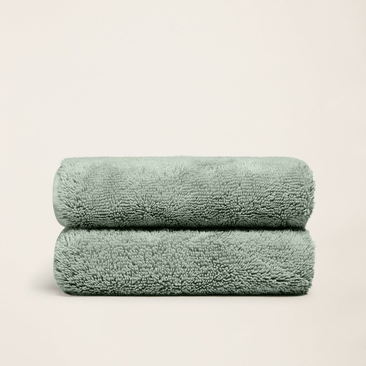 Plush cotton towels, mint green, two folded towels with textured looped pile