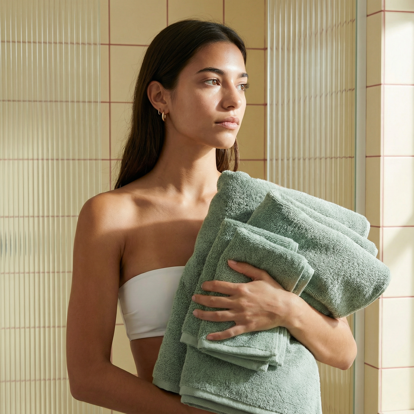 Green plush towels stacked together, one folded towel held in hands