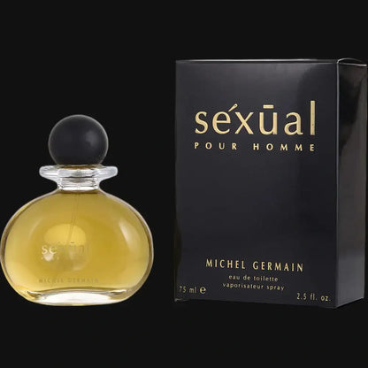 Men's cologne bottle with amber liquid, black cap, Michel Germain Sexual for Homme