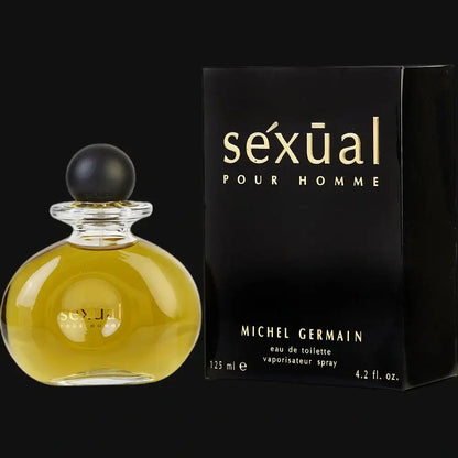 Men's cologne bottle with amber liquid, black cap, 125 ml, Michel Germain Sexual for Homme