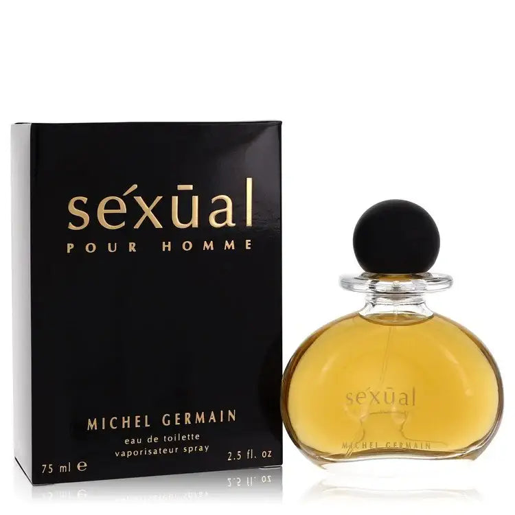 Men's cologne bottle and box, amber liquid, black cap, Michel Germain Sexual for Homme 75 ml