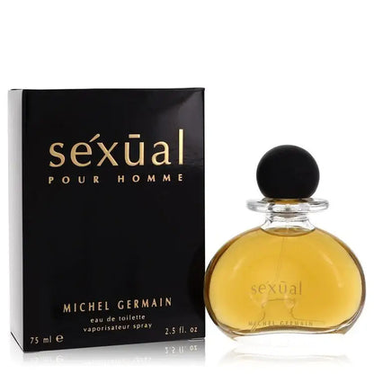 Men's cologne bottle and box, amber liquid, black cap, Michel Germain Sexual for Homme 75 ml