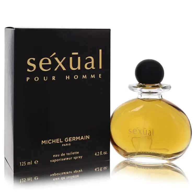 Men's cologne bottle and box, amber liquid, black cap, 125 ml, Michel Germain Sexual for Homme