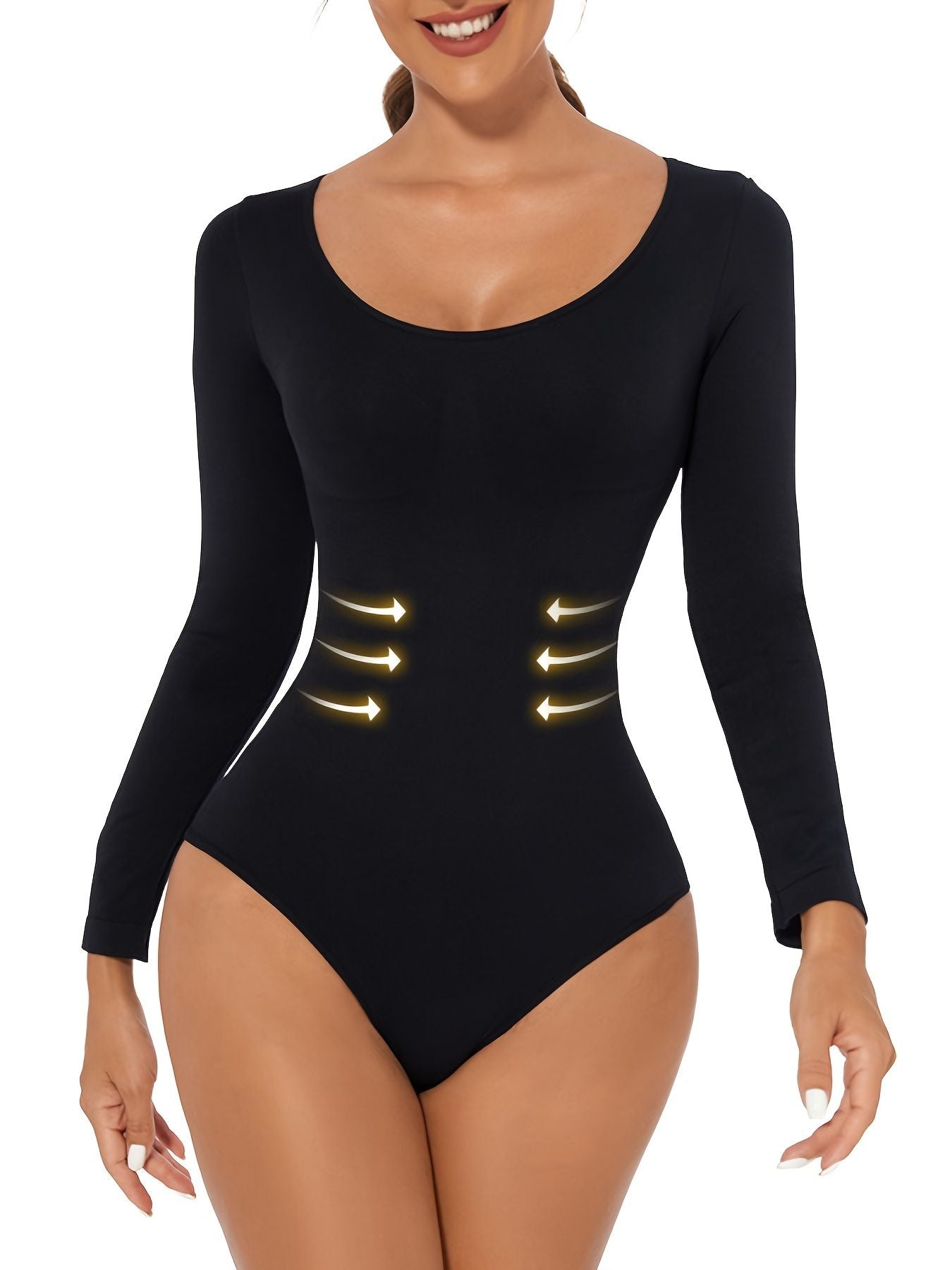Sexy Basic Slim Bodysuit, Solid Round Neck Long Sleeve Waist Bodycon One Piece Bodysuit, Women's Clothing - Renee Lane Company