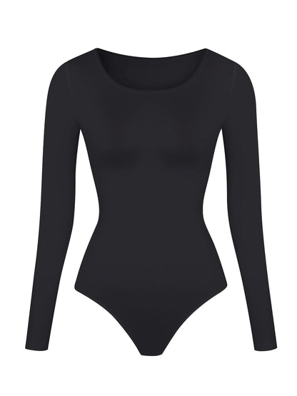 Sexy Basic Slim Bodysuit, Solid Round Neck Long Sleeve Waist Bodycon One Piece Bodysuit, Women's Clothing - Renee Lane Company