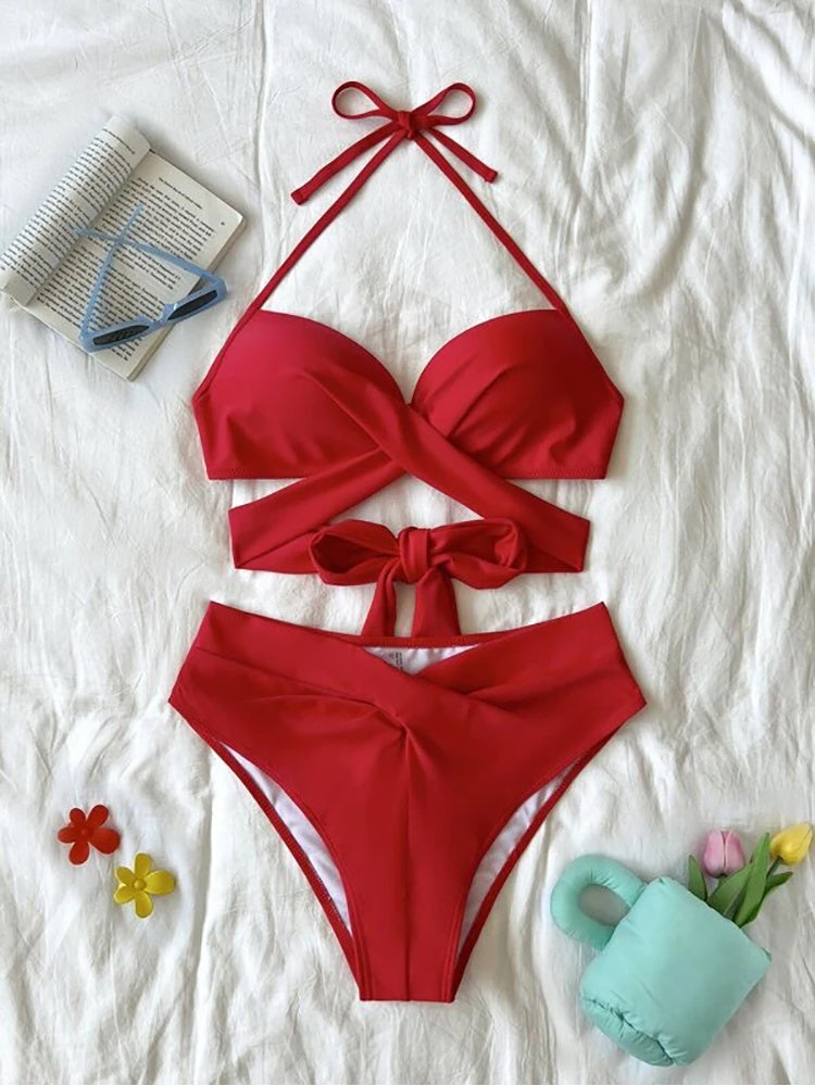 Red high-waist push-up bikini set with halter bow and crisscross waist tie detail