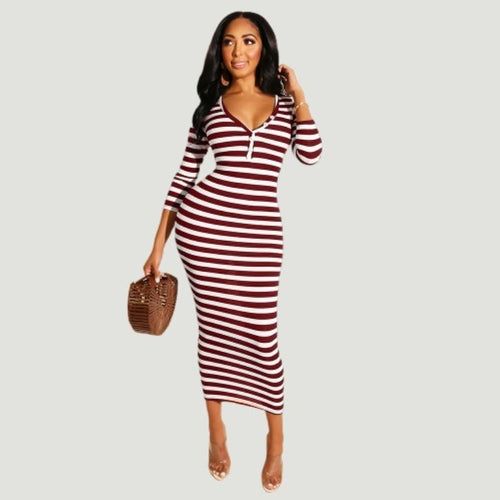 Sexy striped midi bodycon dress Women autumn winter female - Renee Lane Company