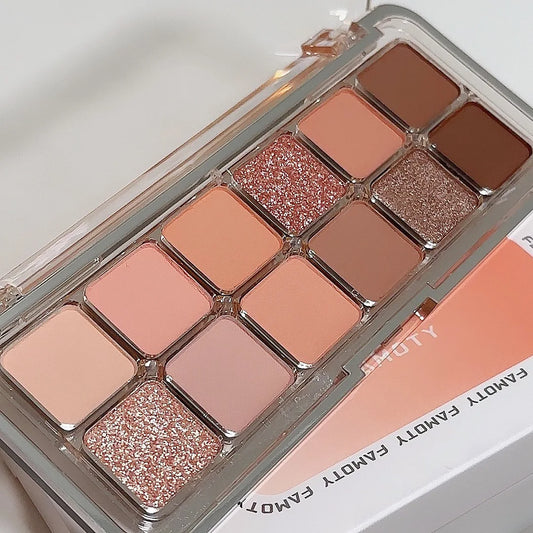 12-pan apricot and brown eyeshadow palette, including glittery shimmer shades