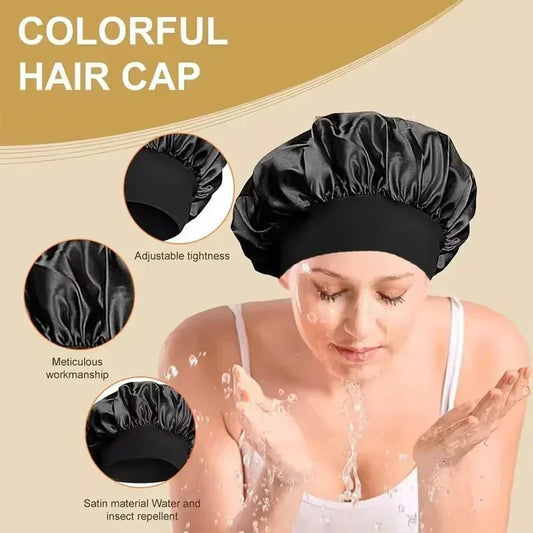 Black satin hair bonnet with gathered crown, protective wrap cap for hair