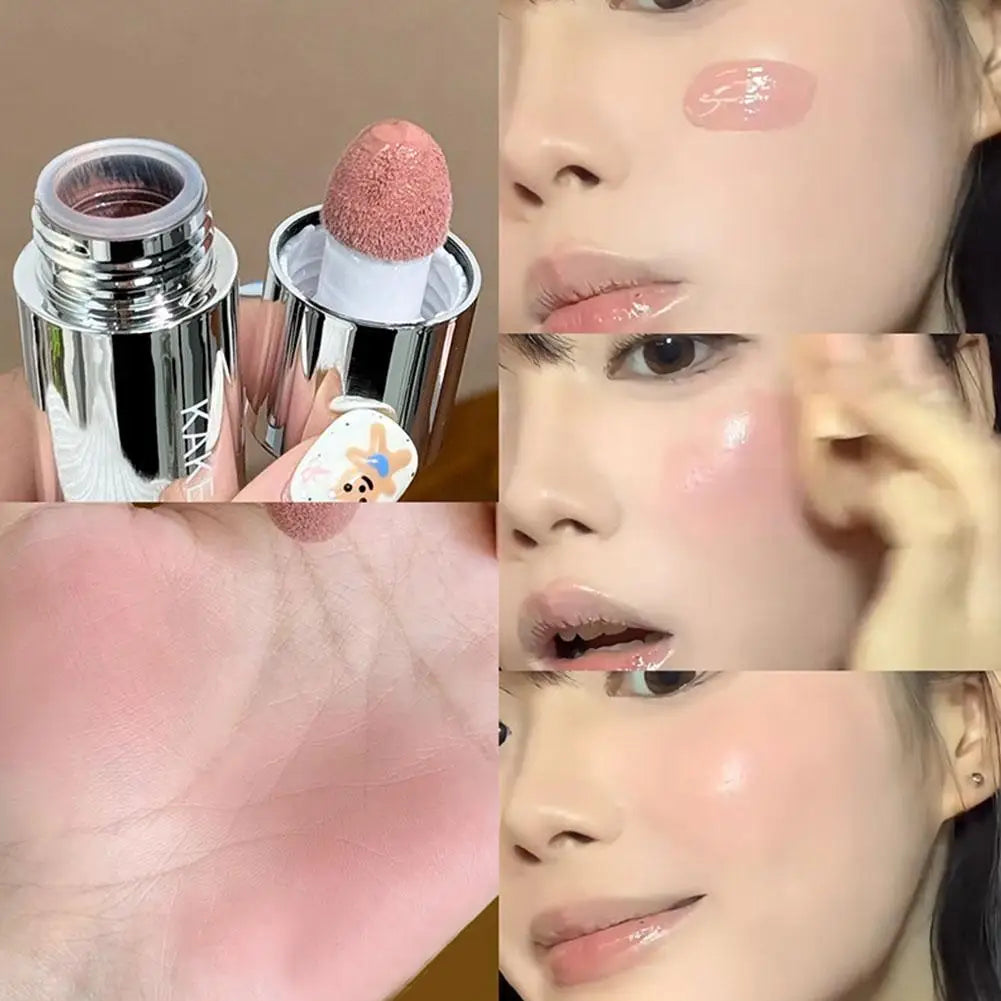 Liquid blusher stick with pink sponge tip; product swirl on skin shown