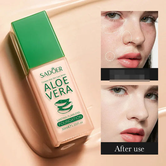 Aloe vera liquid foundation bottle with green cap and box, ivory shade