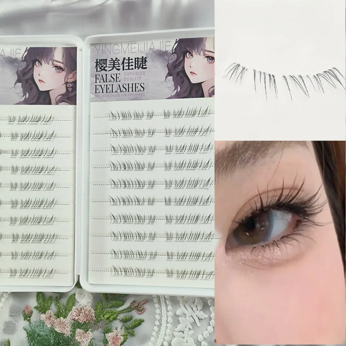 Wispy false eyelash clusters on a natural-looking strip for lower lash styling