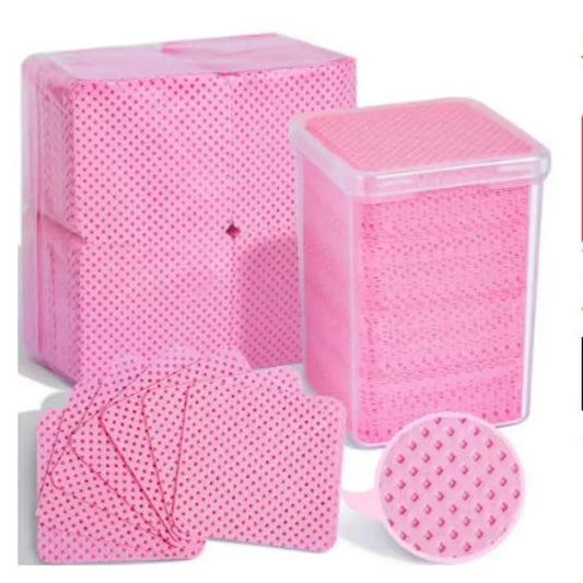 Pink lint-free square nail wipes in clear storage box and round lid