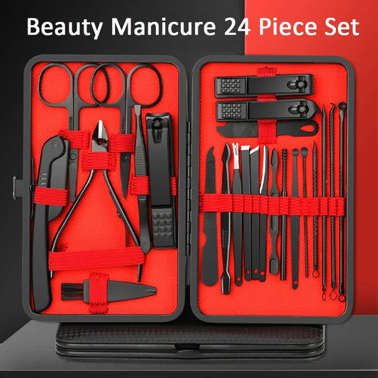 24-piece stainless manicure tool set in red case with two open compartments