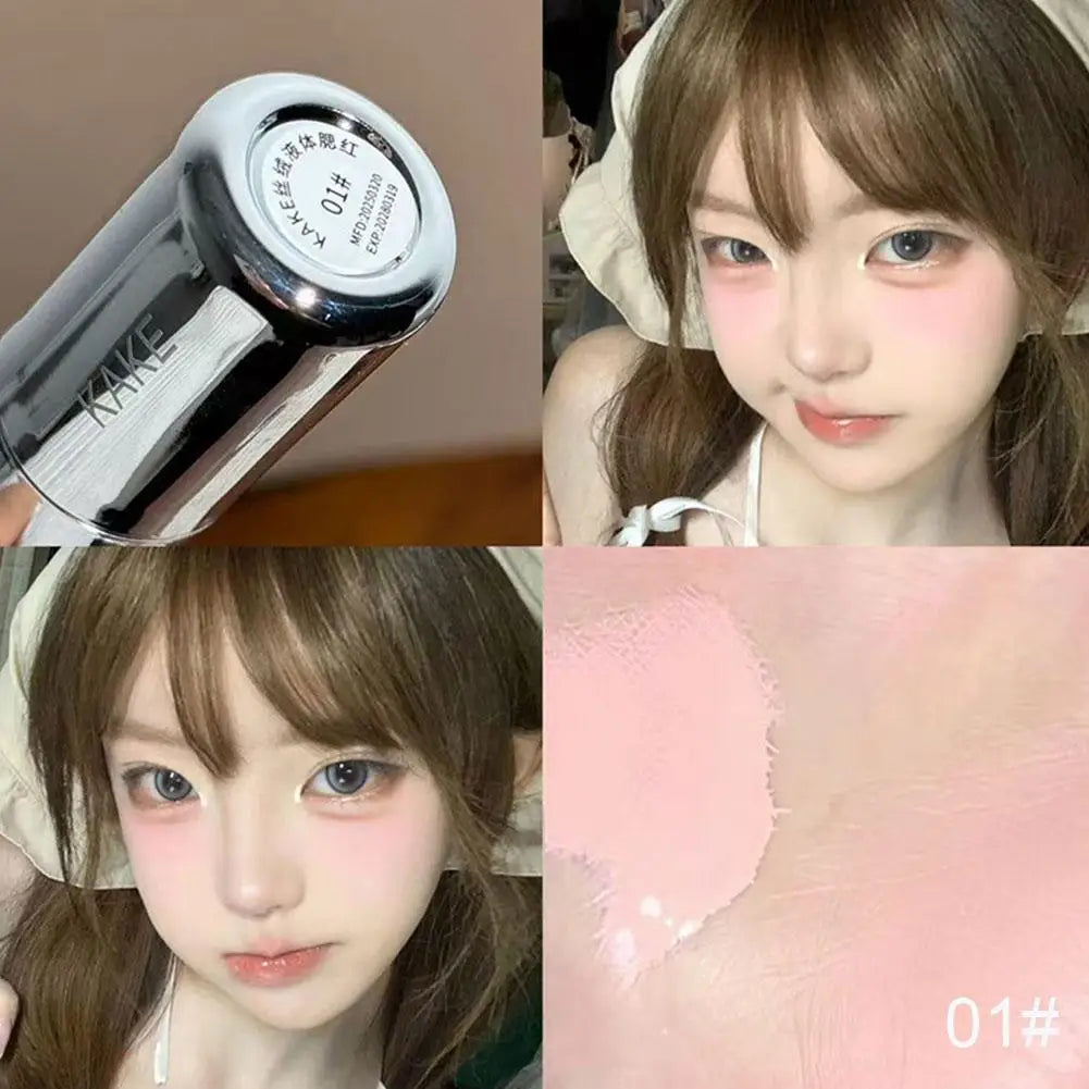 Liquid blusher with small sponge applicator; light pink cheek swatch visible