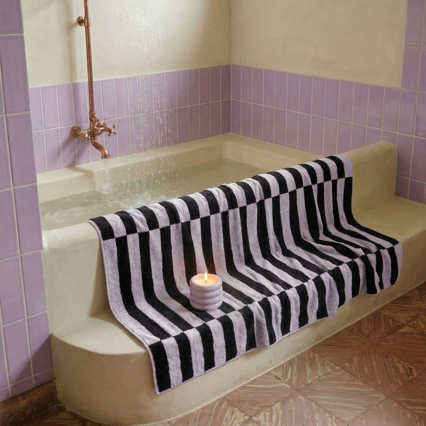 Australian cotton towel with black-and-white checkered pattern spread flat
