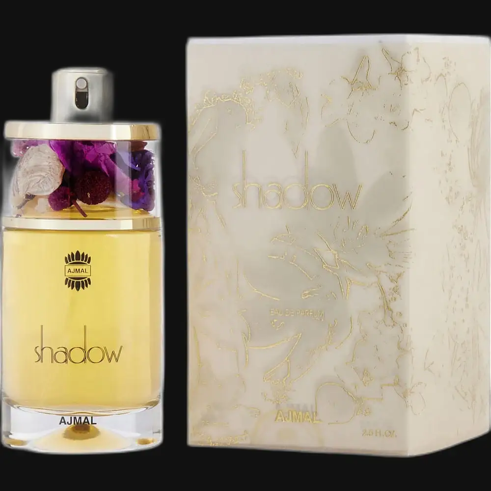 Ajmal Shadow women’s perfume bottle with glass container and gold cap, plus outer box.