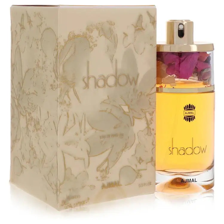 Ajmal Shadow women’s perfume gift set: gold-capped bottle with floral box and label.