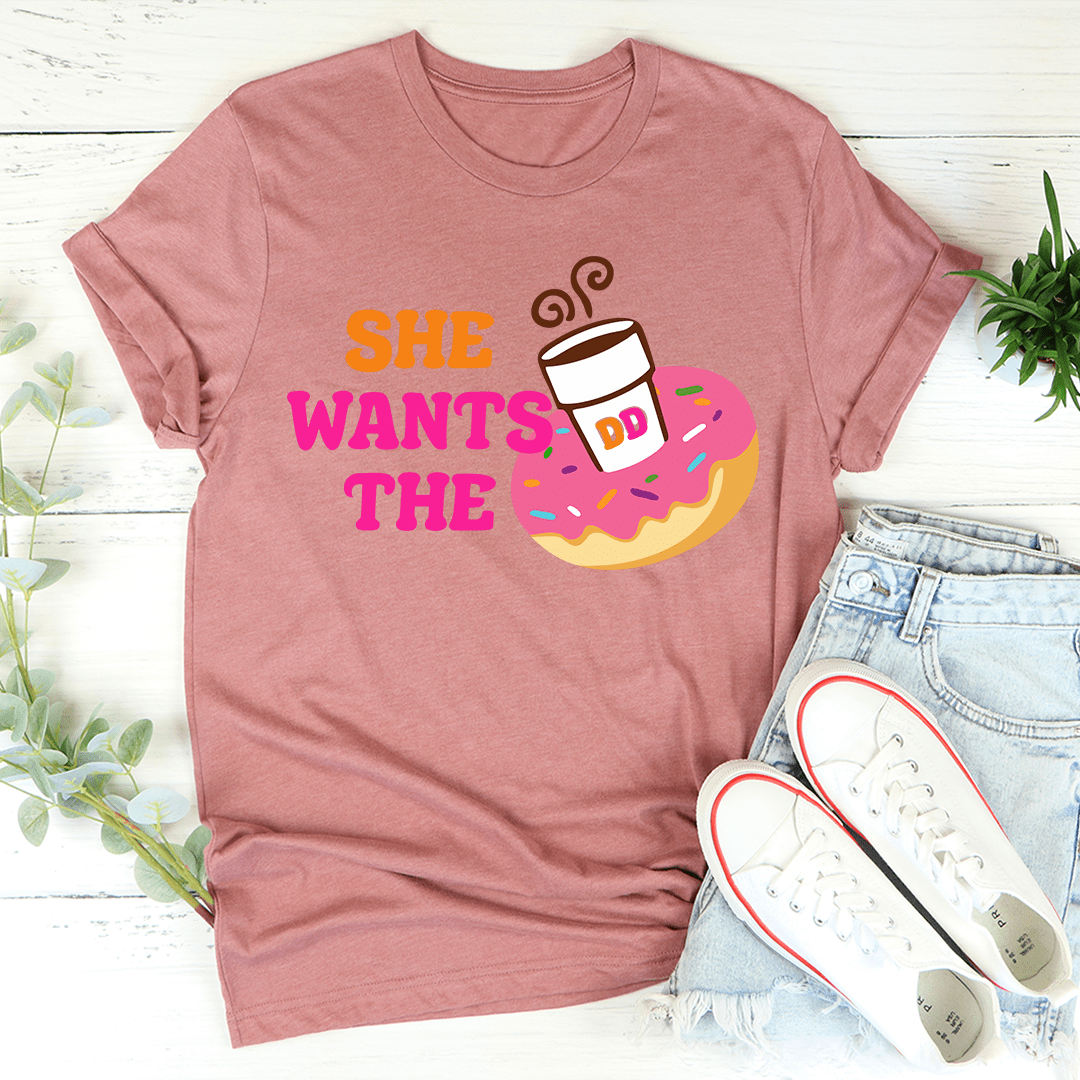 Mauve T-shirt, crewneck, short sleeves, colorful “She Wants the” donut graphic