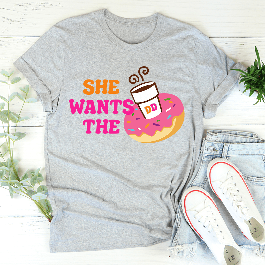 Heather gray T-shirt, crewneck, short sleeves, colorful “She Wants the” donut graphic