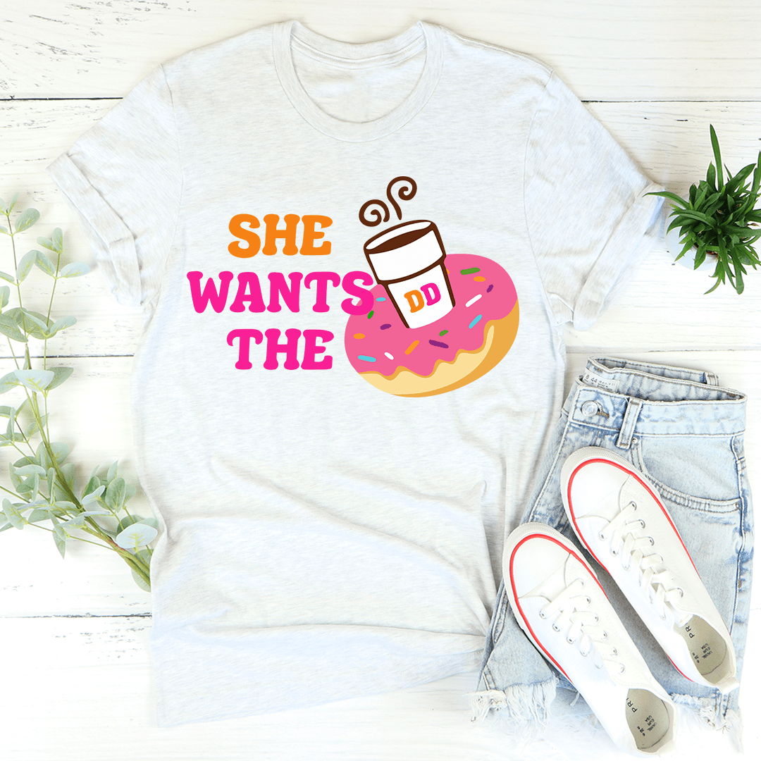 White T-shirt with 'SHE WANTS THE' donut and coffee cup graphic