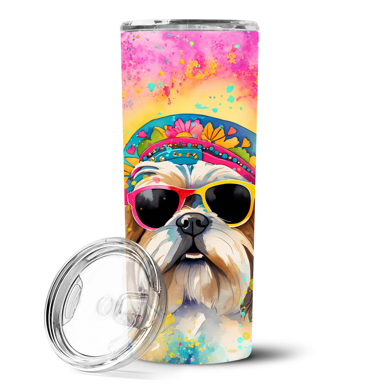 Shih Tzu Hippie Dawg Stainless Steel Skinny Tumbler Vacuum Double Walled Reusable Insulated Tumbler Travel Cup for Coffee Cocktails Gift with Lid, 20 oz - Renee Lane Company