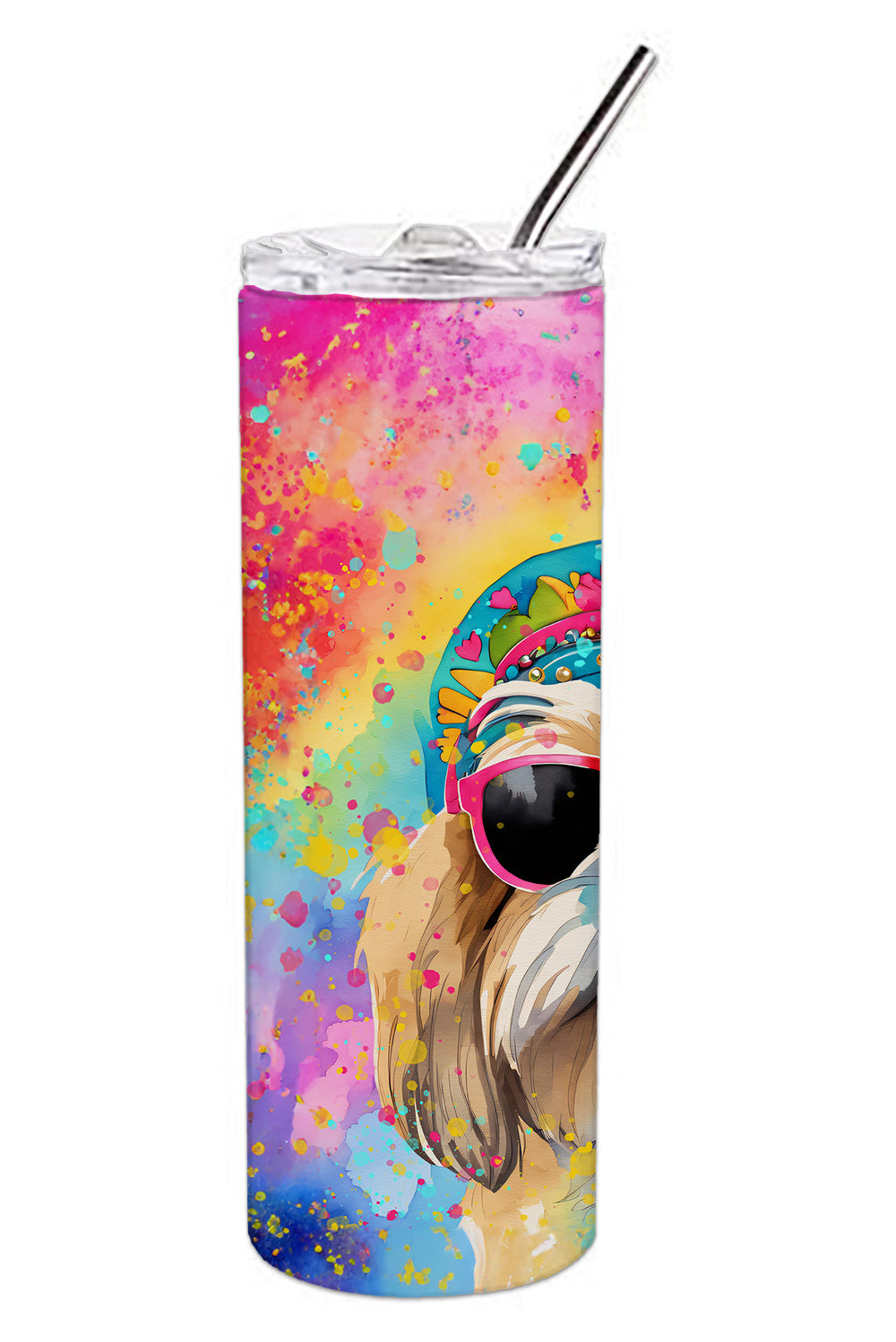 Shih Tzu Hippie Dawg Stainless Steel Skinny Tumbler Vacuum Double Walled Reusable Insulated Tumbler Travel Cup for Coffee Cocktails Gift with Lid, 20 oz - Renee Lane Company