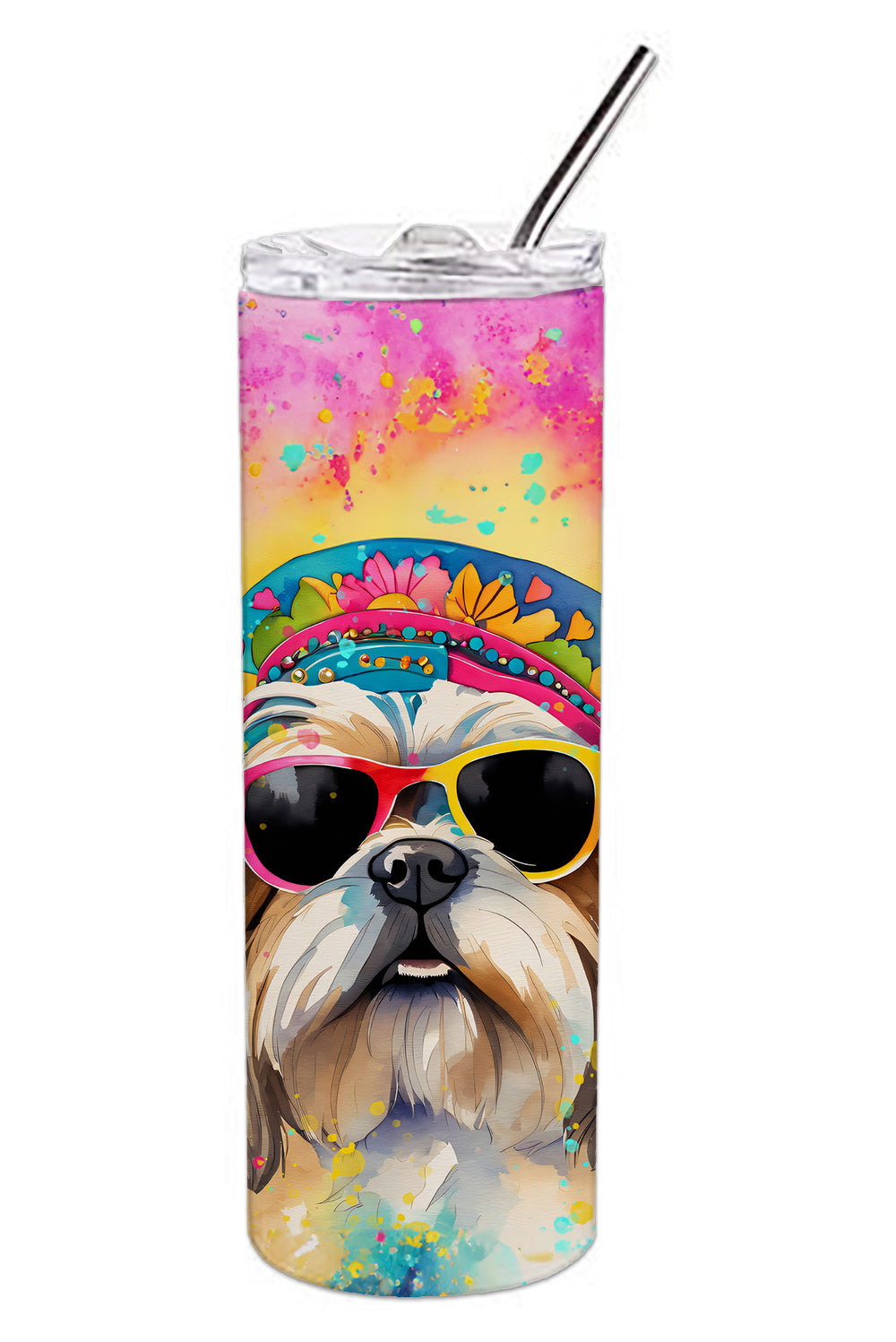 Shih Tzu Hippie Dawg Stainless Steel Skinny Tumbler Vacuum Double Walled Reusable Insulated Tumbler Travel Cup for Coffee Cocktails Gift with Lid, 20 oz - Renee Lane Company
